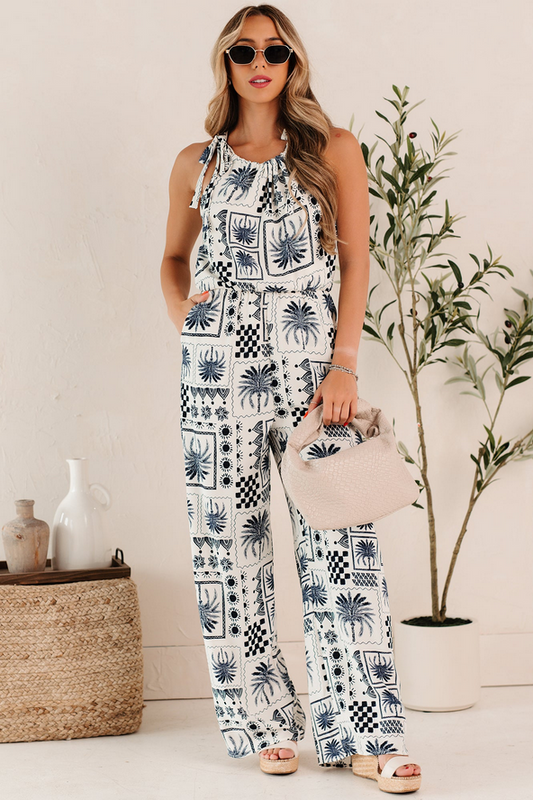 NanaMacs Ocean Calls Halter Abstract Print Jumpsuit (Ivory/Navy)