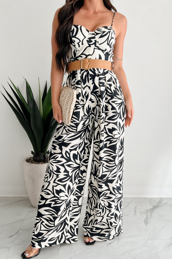 NanaMacs Garden Glimmer Belted Wide Leg Jumpsuit (Black/Ivory)