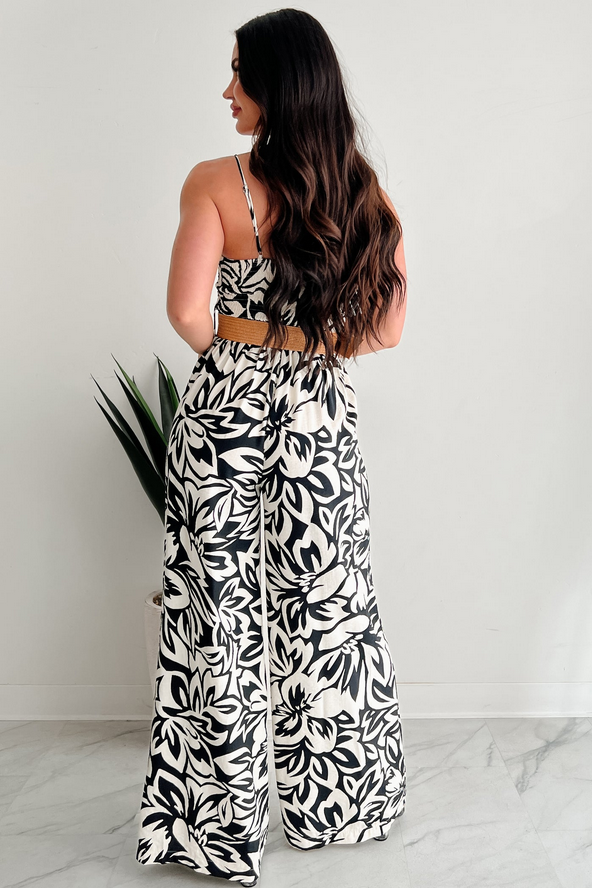 NanaMacs Garden Glimmer Belted Wide Leg Jumpsuit (Black/Ivory)