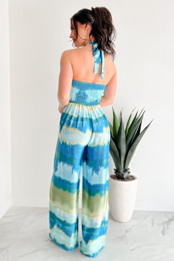 NanaMacs Sunshine & Seaside Halter Wide Leg Jumpsuit (Blue)