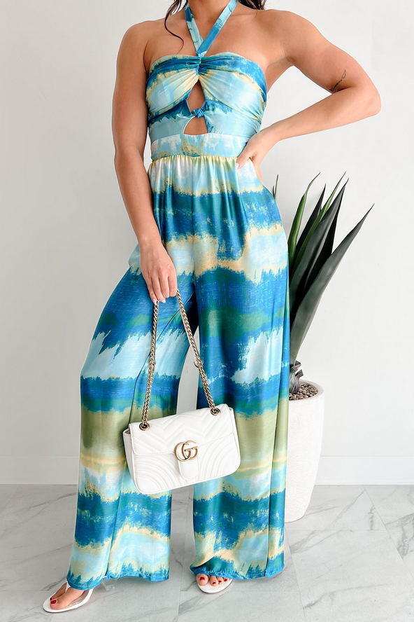 NanaMacs Sunshine & Seaside Halter Wide Leg Jumpsuit (Blue)