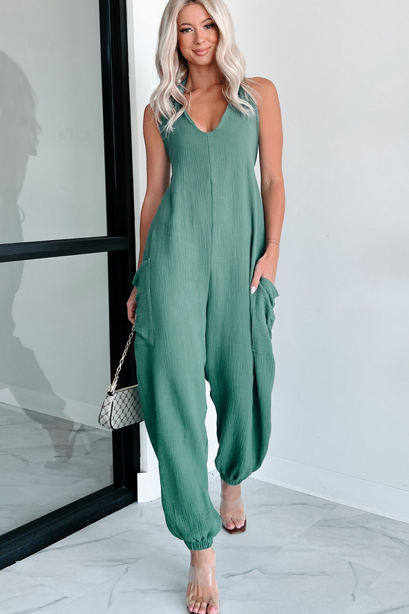NanaMacs Lockwood Wasabi Mint Halter Jumpsuit (Green)
