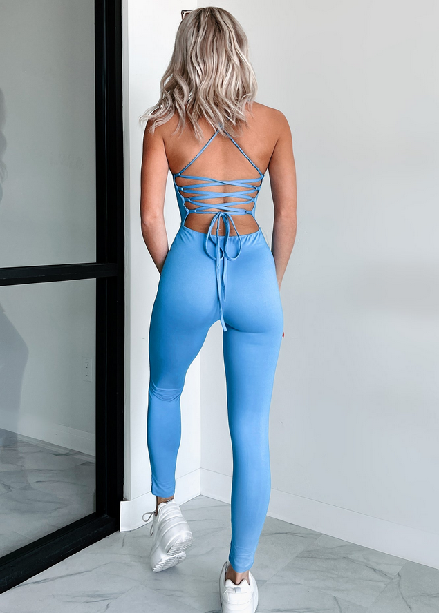 NanaMacs Time To Walk Away Lace-Up Back Jumpsuit (Blue)