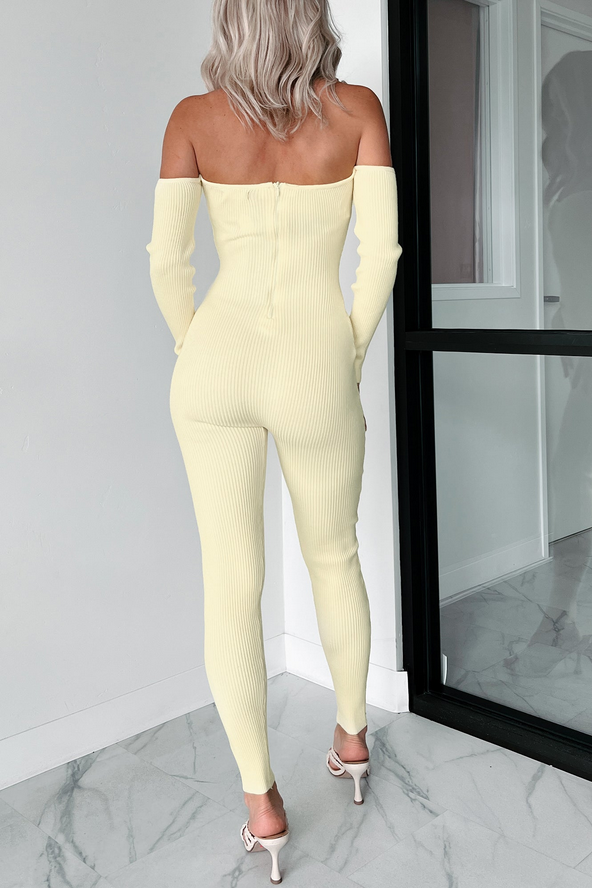 NanaMacs Telling Secrets Off The Shoulder Ribbed Catsuit (Yellow)