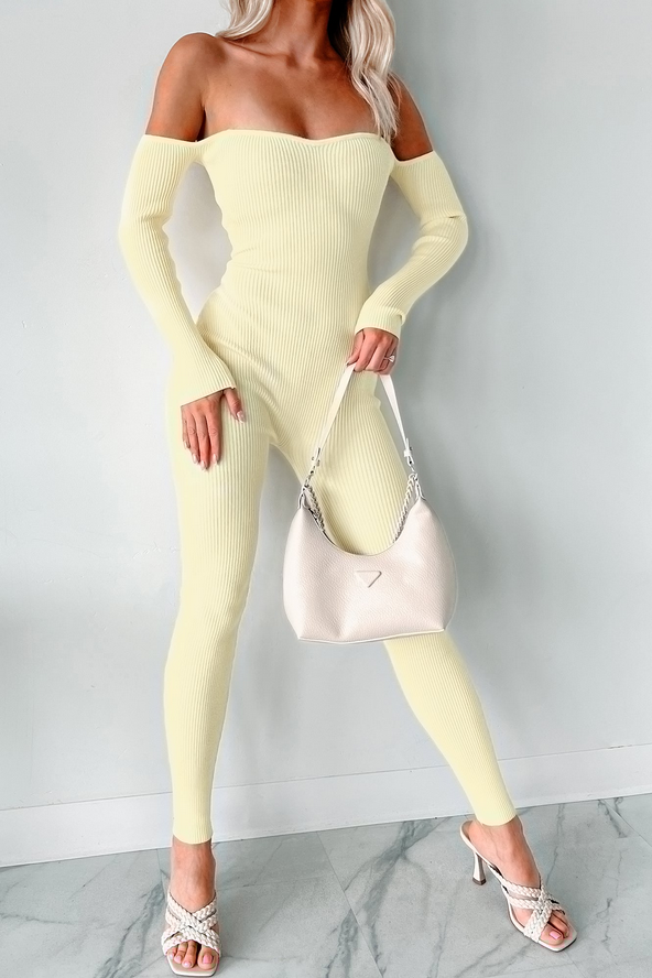 NanaMacs Telling Secrets Off The Shoulder Ribbed Catsuit (Yellow)