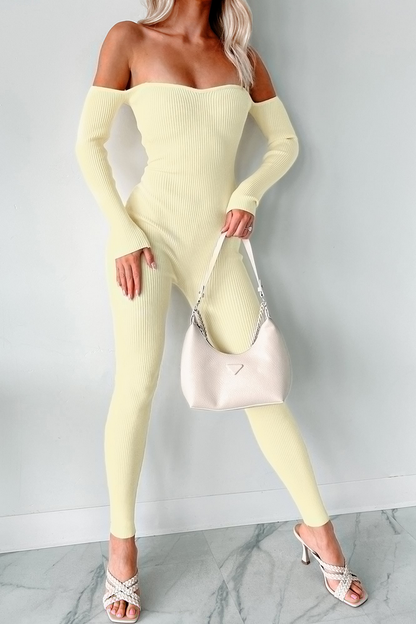 NanaMacs Telling Secrets Off The Shoulder Ribbed Catsuit (Yellow)