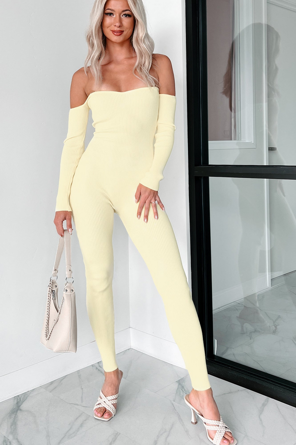 NanaMacs Telling Secrets Off The Shoulder Ribbed Catsuit (Yellow)