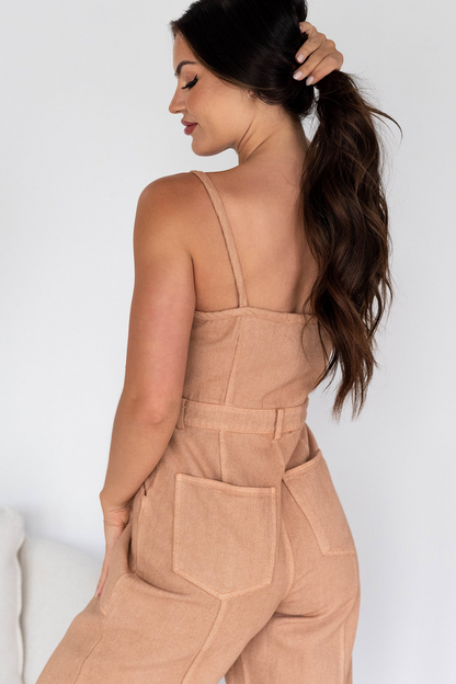 NanaMacs Memories In Focus Button Front Denim Jumpsuit (Terracotta)