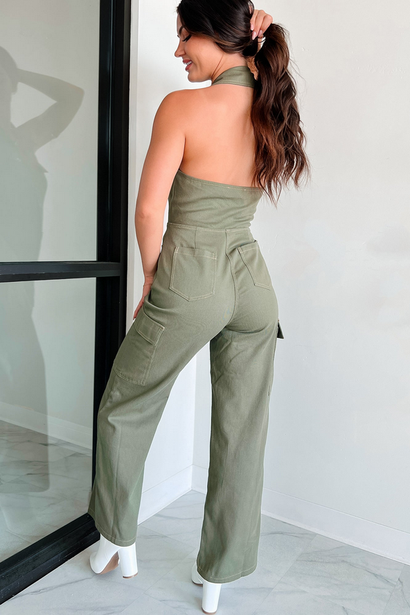 NanaMacs Social Call Denim Halter Cargo Jumpsuit (Olive)