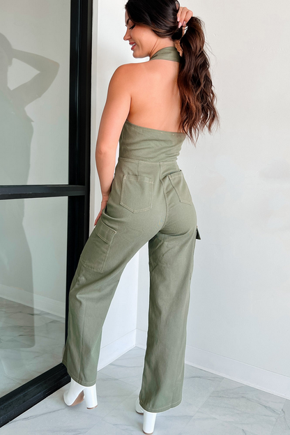 NanaMacs Social Call Denim Halter Cargo Jumpsuit (Olive)