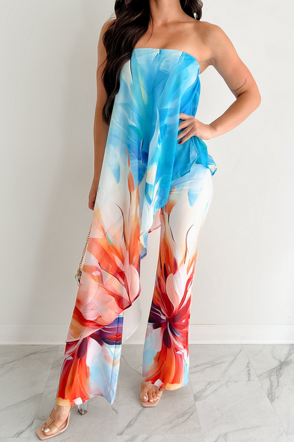 NanaMacs Wander Wildly Strapless Flowy Jumpsuit (Blue/Multi)