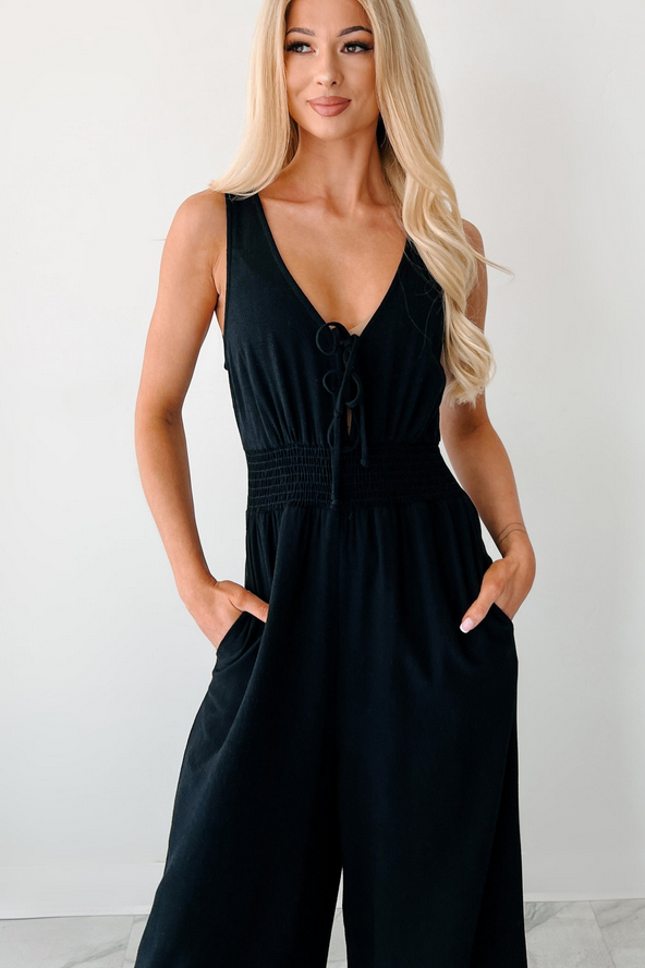 NanaMacs Nature's Glow Linen Smocked Waist Jumpsuit (Black)