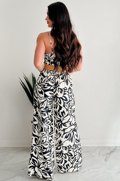 NanaMacs Garden Glimmer Belted Wide Leg Jumpsuit (Black/Ivory)