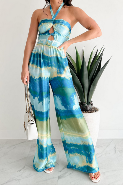 NanaMacs Sunshine & Seaside Halter Wide Leg Jumpsuit (Blue)