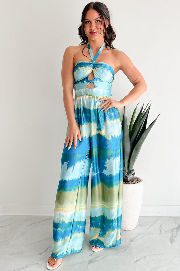 NanaMacs Sunshine & Seaside Halter Wide Leg Jumpsuit (Blue)