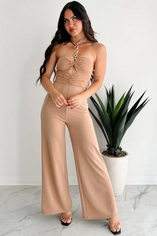 NanaMacs Sheer Ferocity Chain Strap Cutout Jumpsuit (Taupe)