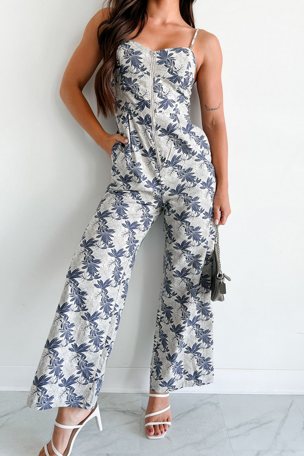 NanaMacs Midnight Oasis Zip-Front Printed Wide Leg Jumpsuit (Grey/Navy)