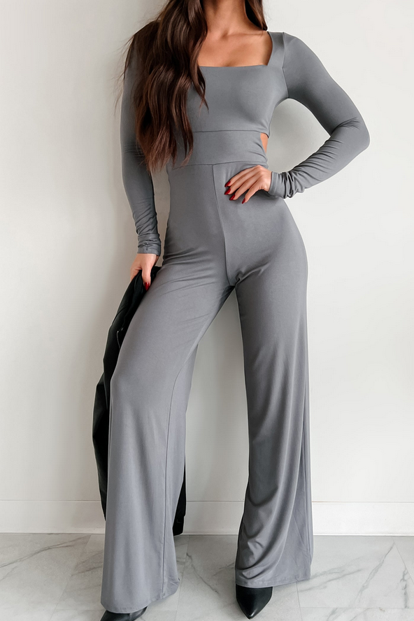 NanaMacs Kaylen Long Sleeve Square Neck Jumpsuit (Grey)