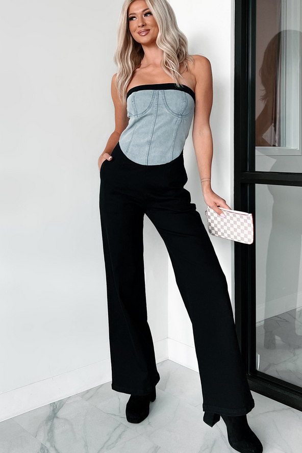 NanaMacs DOORBUSTER Blocking The Haters Denim Contrast Jumpsuit (Black/Denim)