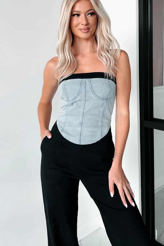 NanaMacs DOORBUSTER Blocking The Haters Denim Contrast Jumpsuit (Black/Denim)