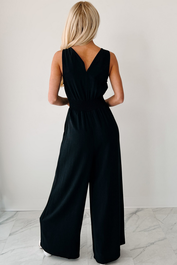 NanaMacs Nature's Glow Linen Smocked Waist Jumpsuit (Black)