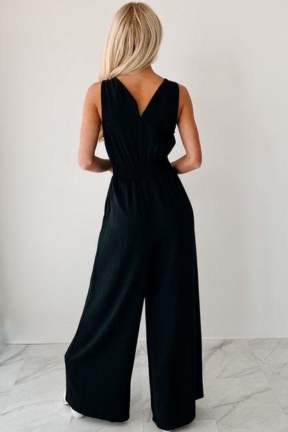 NanaMacs Nature's Glow Linen Smocked Waist Jumpsuit (Black)