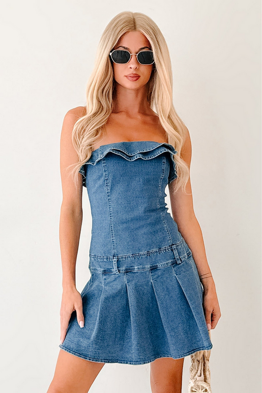 NanaMacs Work It Out Strapless Pleated Ruffle Mini Dress (Denim)