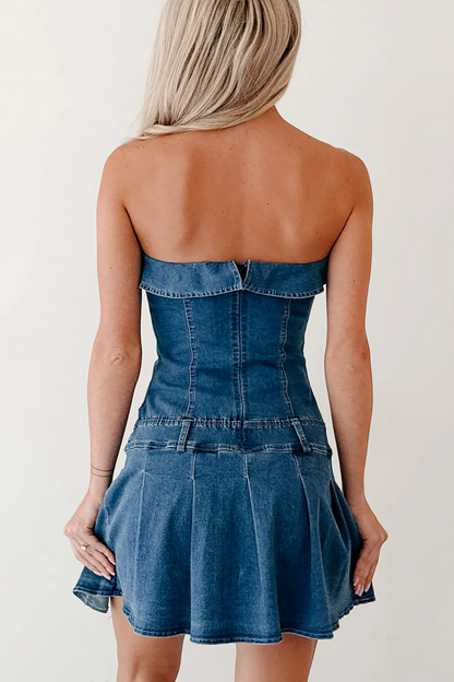 NanaMacs Work It Out Strapless Pleated Ruffle Mini Dress (Denim)