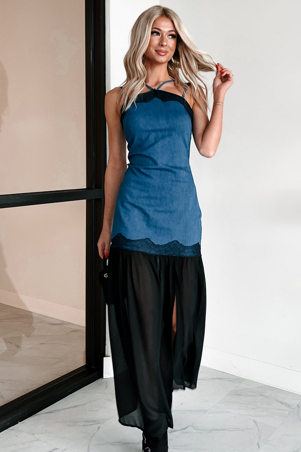 NanaMacs Showing Personality Denim Contrast Maxi Dress (Denim)