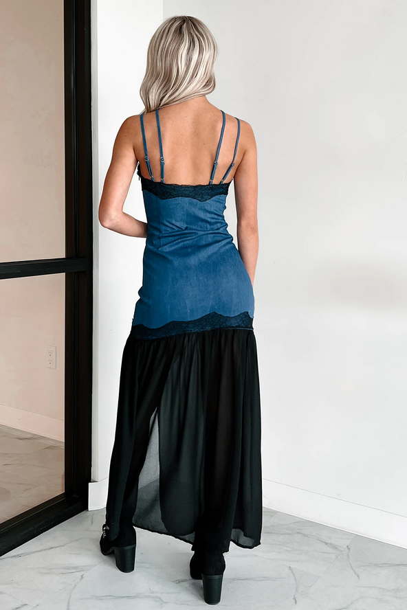 NanaMacs Showing Personality Denim Contrast Maxi Dress (Denim)