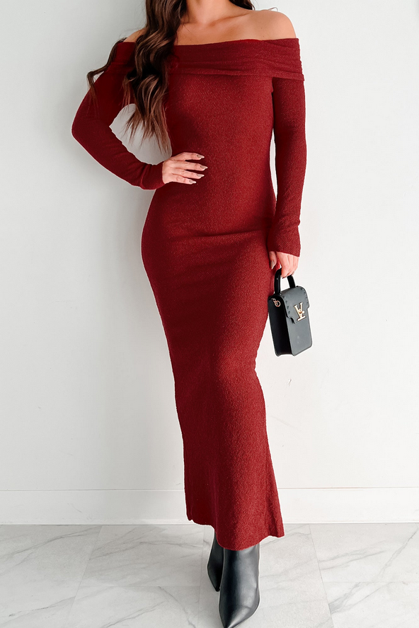 NanaMacs Lovely Words Off The Shoulder Maxi Dress (Burgundy)