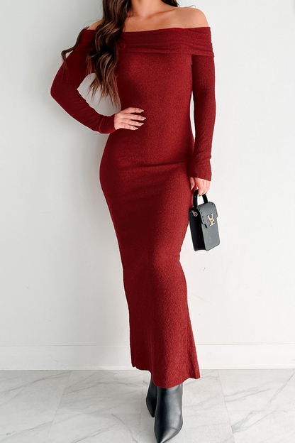 NanaMacs Lovely Words Off The Shoulder Maxi Dress (Burgundy)