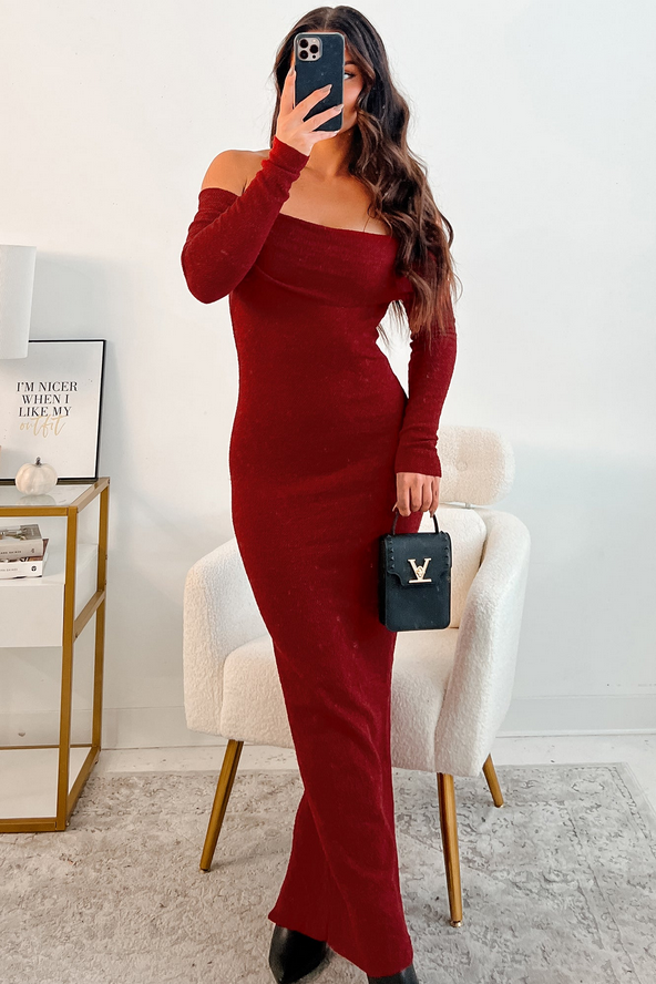NanaMacs Lovely Words Off The Shoulder Maxi Dress (Burgundy)