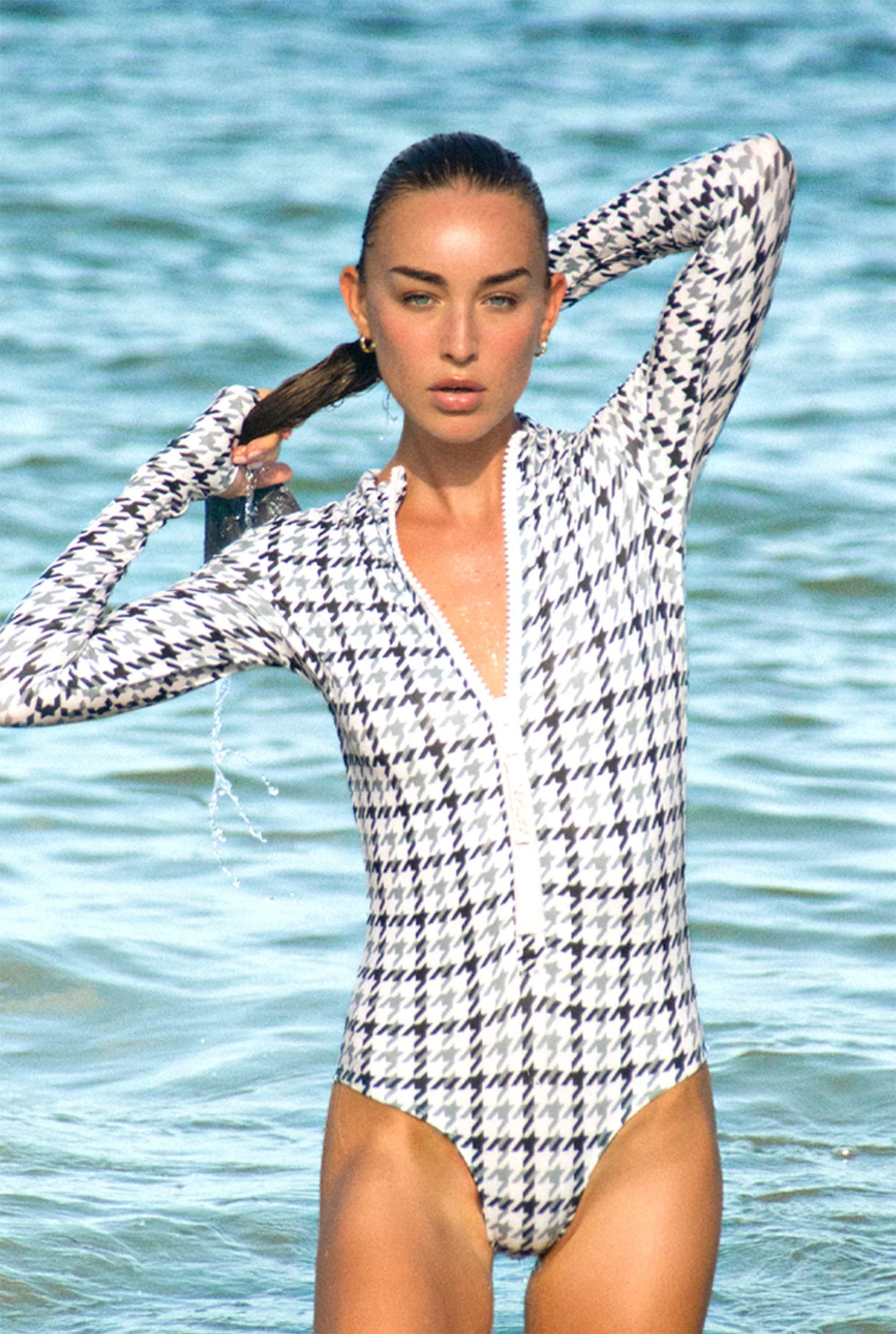 Watskin Sunwear Ryann Bodysuit in Grey Houndstooth