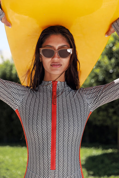 Watskin Sunwear Andie Short Bodysuit in Neutral Herringbone