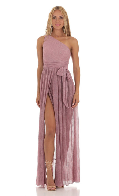 Lucy in the Sky Shimmer One Shoulder Dress in Pink