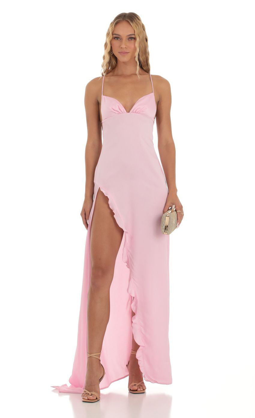 Lucy in the Sky Siobhán Satin Ruffle Maxi Dress in Pink