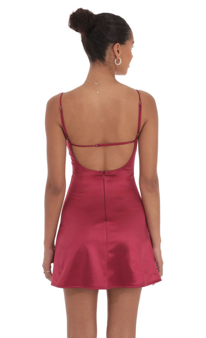 Lucy in the Sky Satin Front Hook Dress in Maroon