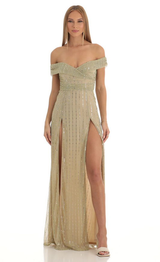 Lucy in the Sky Sequin Striped Off The Shoulder Maxi Dress in Gold
