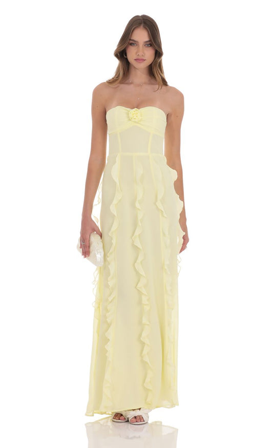 Lucy In The Sky Chiffon Rosette Ruffle Maxi Dress in Yellow