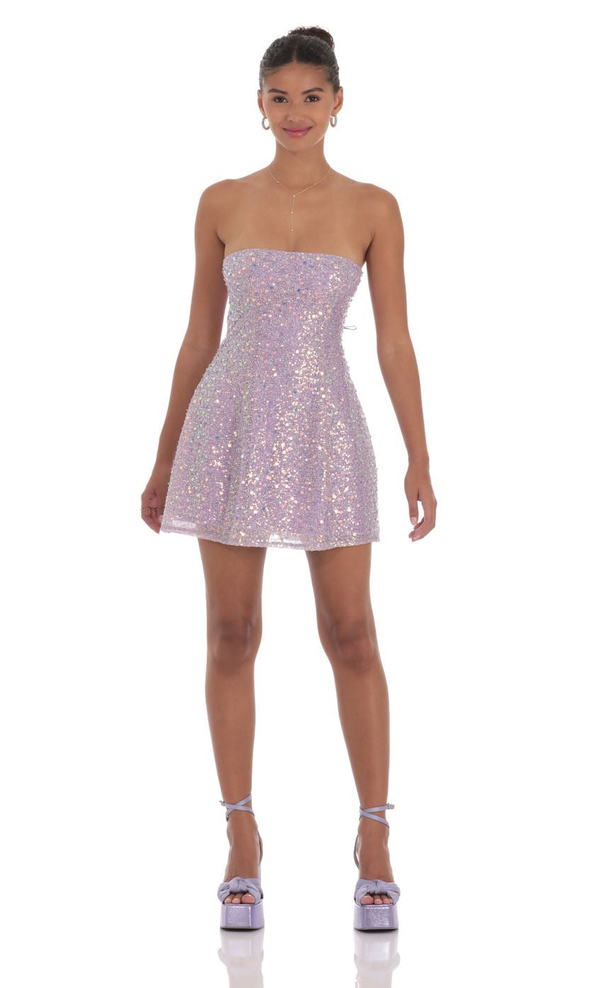 Lucy in the Sky Sequin Glitter Strapless Fit and Flare Dress in Lilac