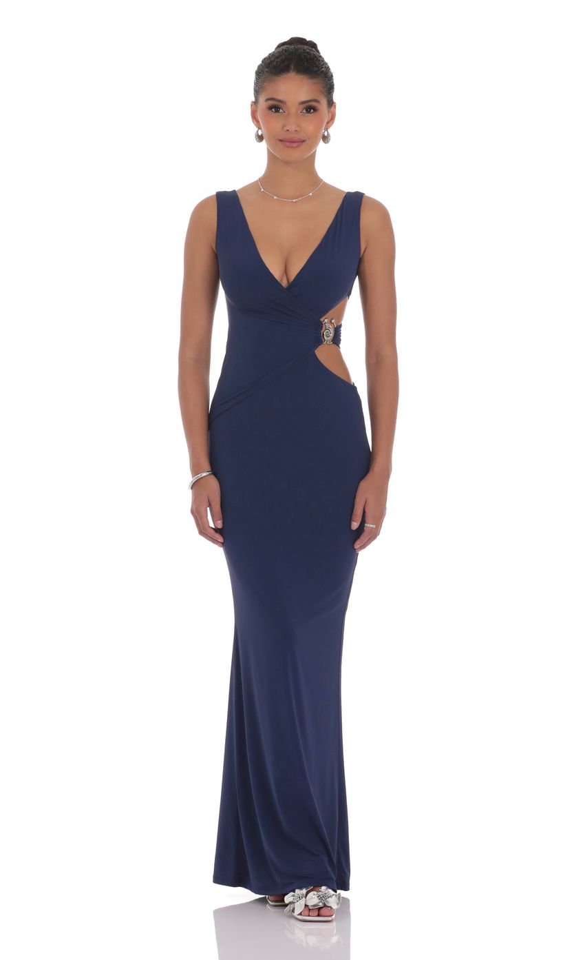 Lucy In The Sky V-Neck Conch Cutout Maxi Dress in Navy