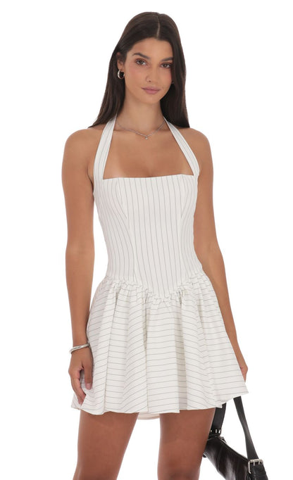 Lucy In The Sky Pinstripe Halter A-line Dress in White