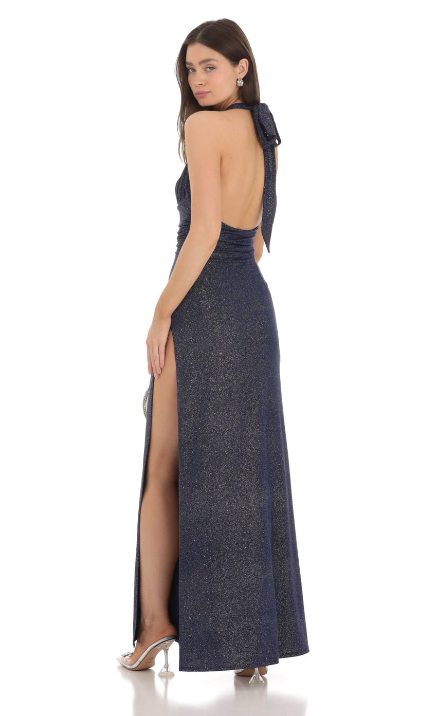 Lucy in the Sky Shimmer Halter Maxi Dress in Navy