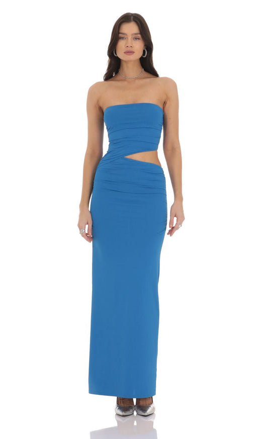 Lucy in the Sky Strapless Cutout Maxi Dress in Blue
