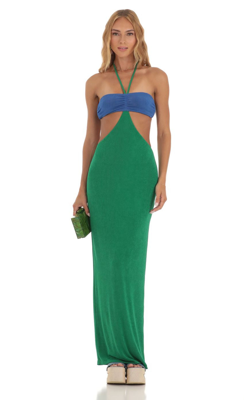 Lucy in the Sky Two Toned Cutout Maxi Dress in Blue and Green