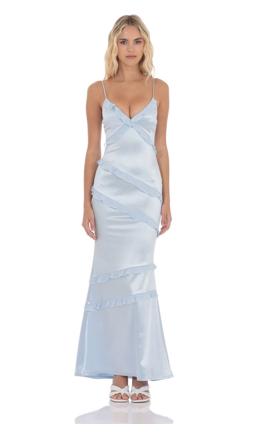 Lucy In The Sky Satin V-Neck Ruffle Mermaid Maxi Dress in Light Blue