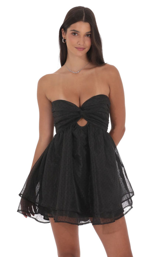 Lucy In The Sky Dotted Cutout Babydoll Dress in Black