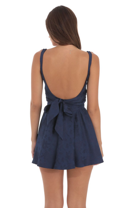 Lucy in the Sky Floral Jacquard Open Back Bow Dress in Navy