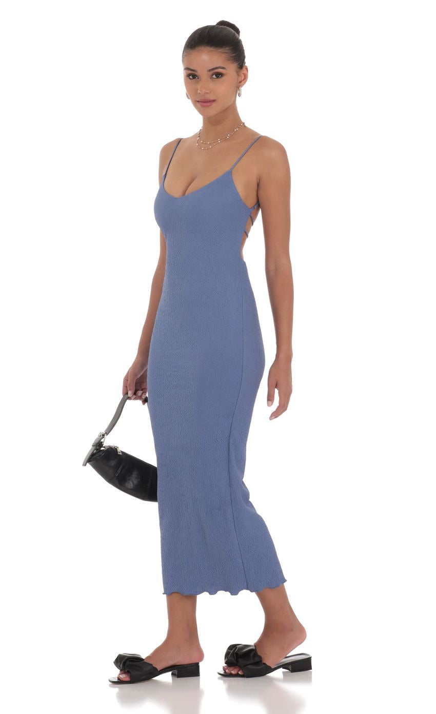 Lucy in the Sky Crinkle V-Neck Bodycon Maxi Dress in Slate Blue